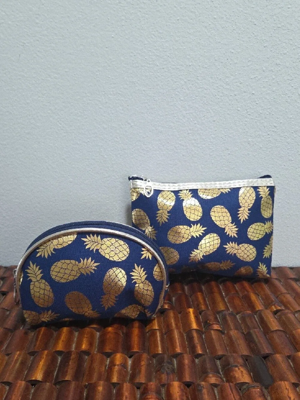 Navy Cosmetic Pouch Set with Metallic Gold Pineapple Print
